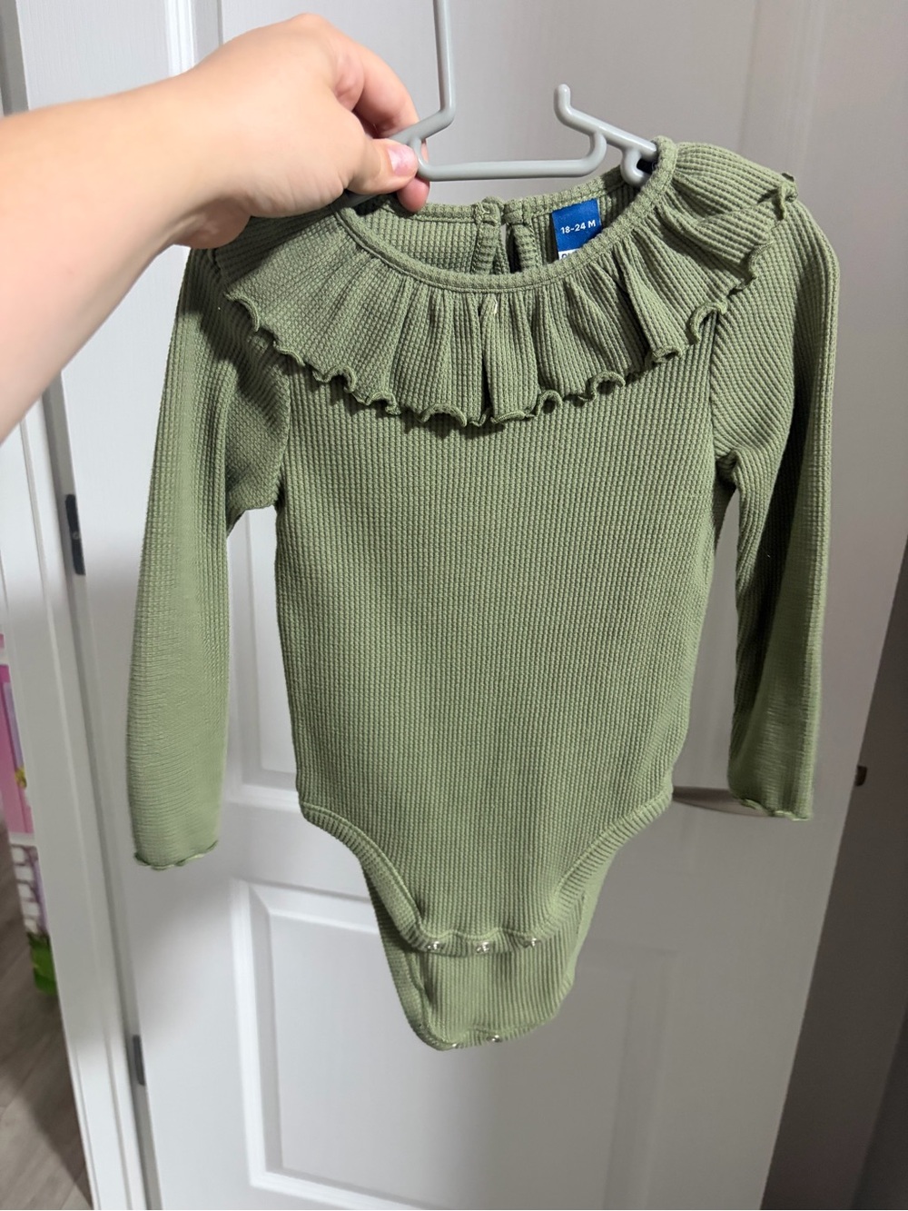 Old Navy Olive Green and pink Ribbed Ruffle-Trim Long-Sleeve Bodysuits